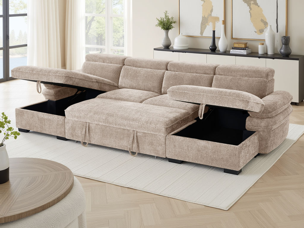 Hunnie Sofabed Beige U Shape Corner - premium sofabed with free Isle of Man and UK delivery