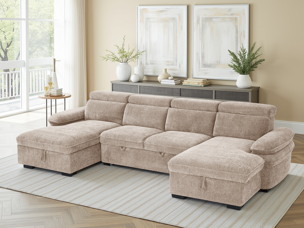 Hunnie Sofabed Beige U Shape Corner - premium sofabed with free Isle of Man and UK delivery
