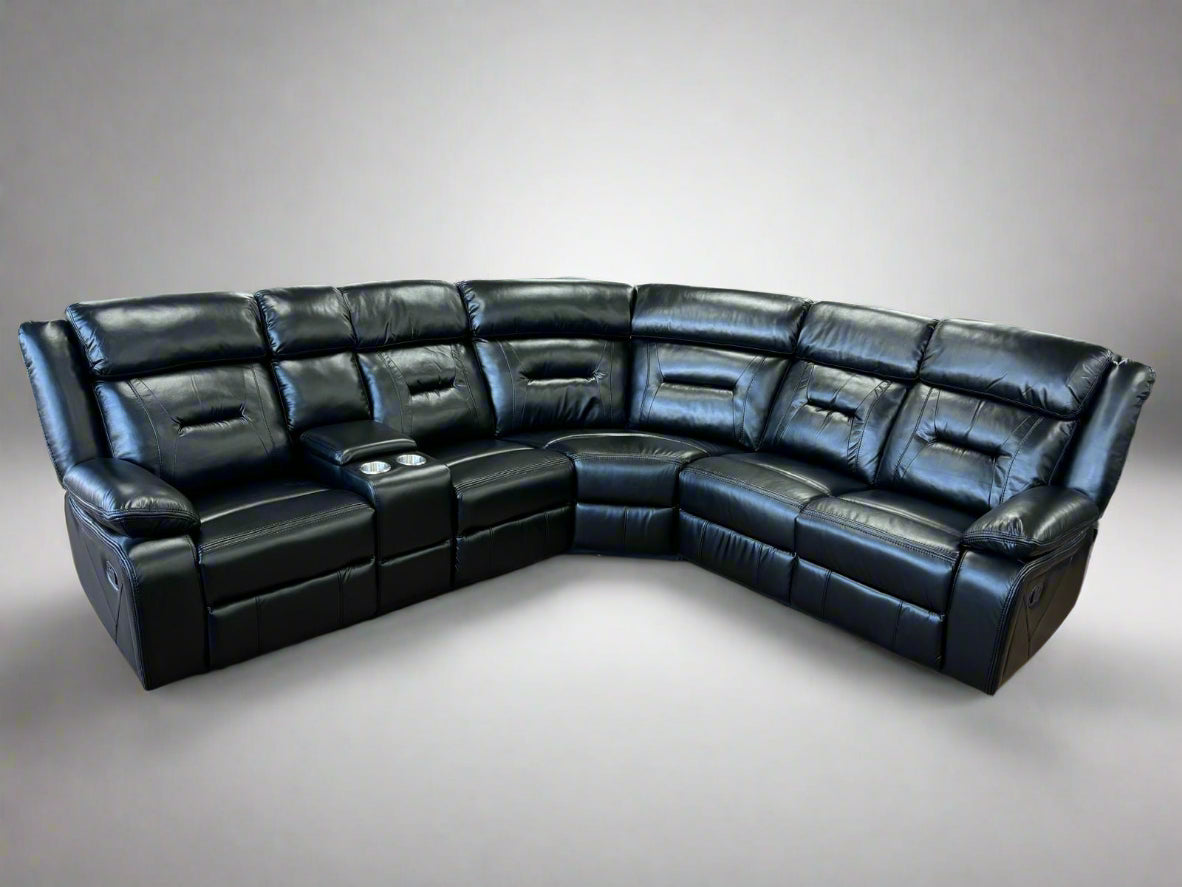 Novie Recliner Sofa Black Large Corner in black faux leather with console storage and cupholders