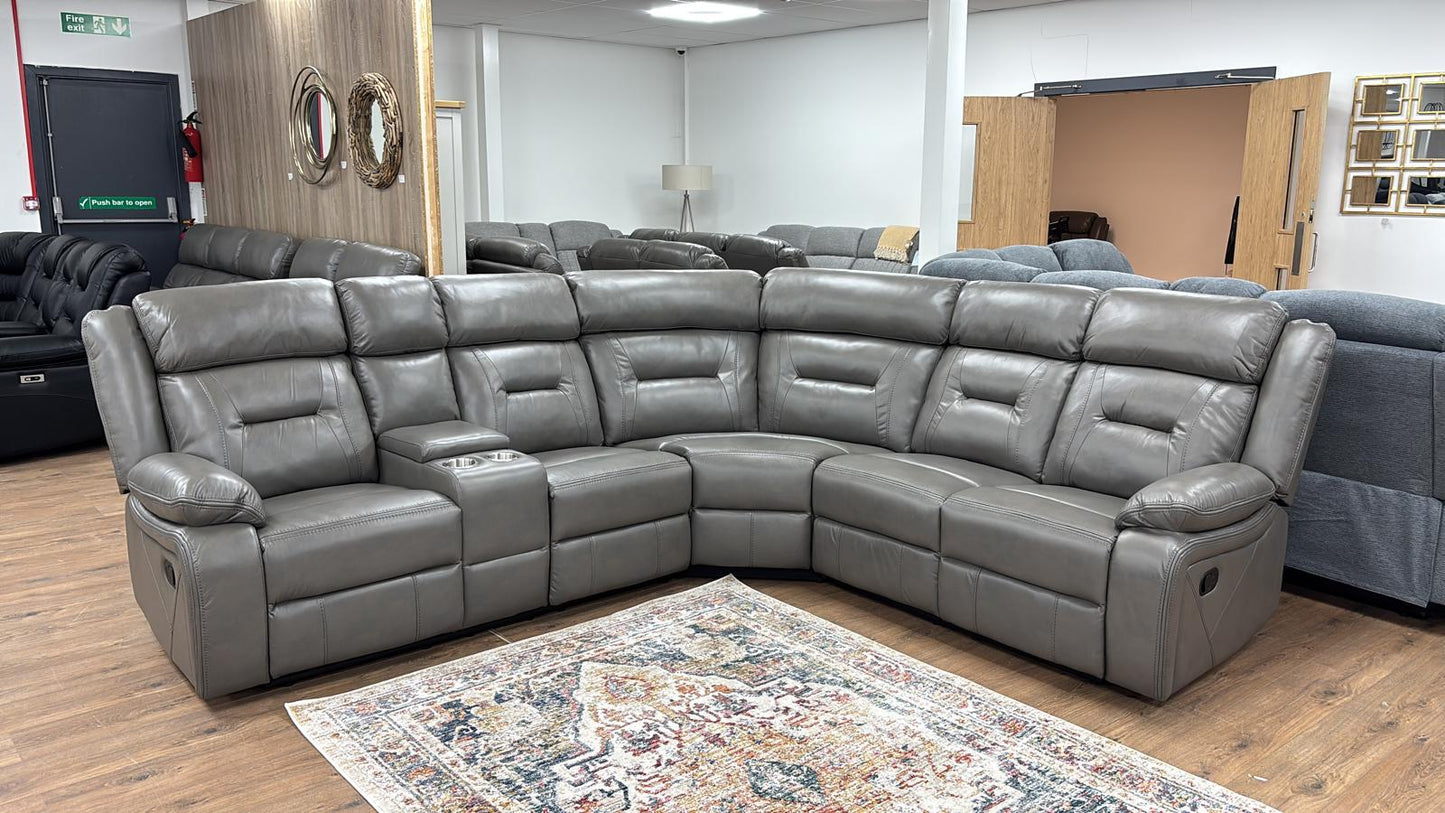 Novie Recliner Sofa Grey Large Corner in grey upholstery with console storage and cupholders