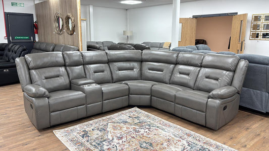 Novie Recliner Sofa Grey Large Corner in grey upholstery with console storage and cupholders