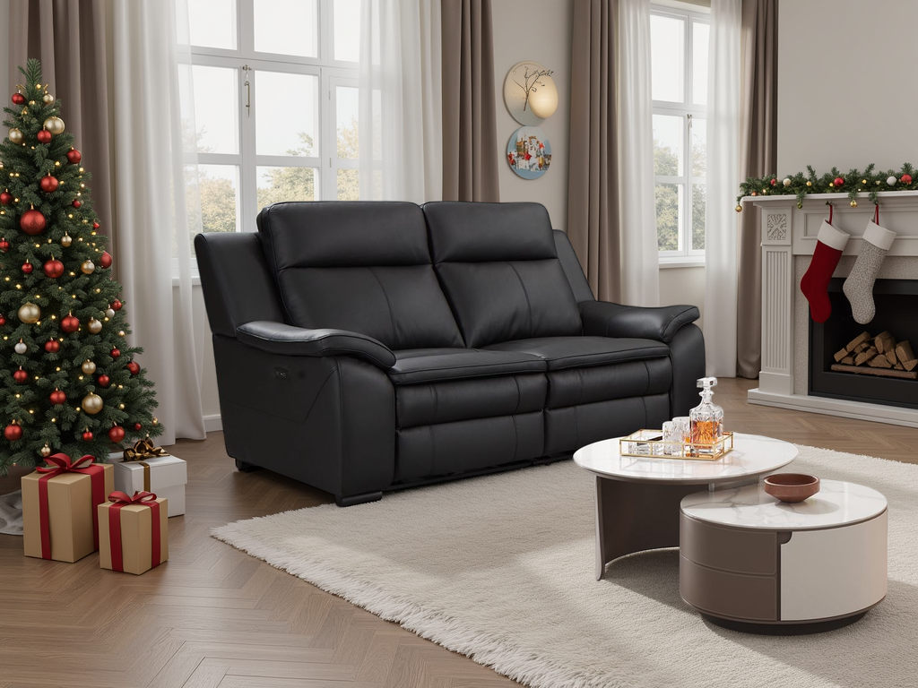 Bordeaux Genuine Leather Electric Recliner Sofa Black 2 Seater - genuine leather electric recliner sofa - Dreamy furniture